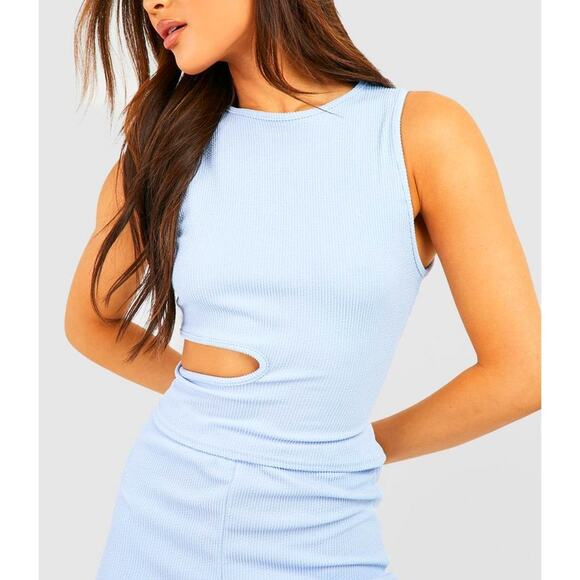 New Large Ribbed Cut Out Waist High Neck Tank Sleeveless Crop Top Baby Blue‎ Y2k - Picture 1 of 5